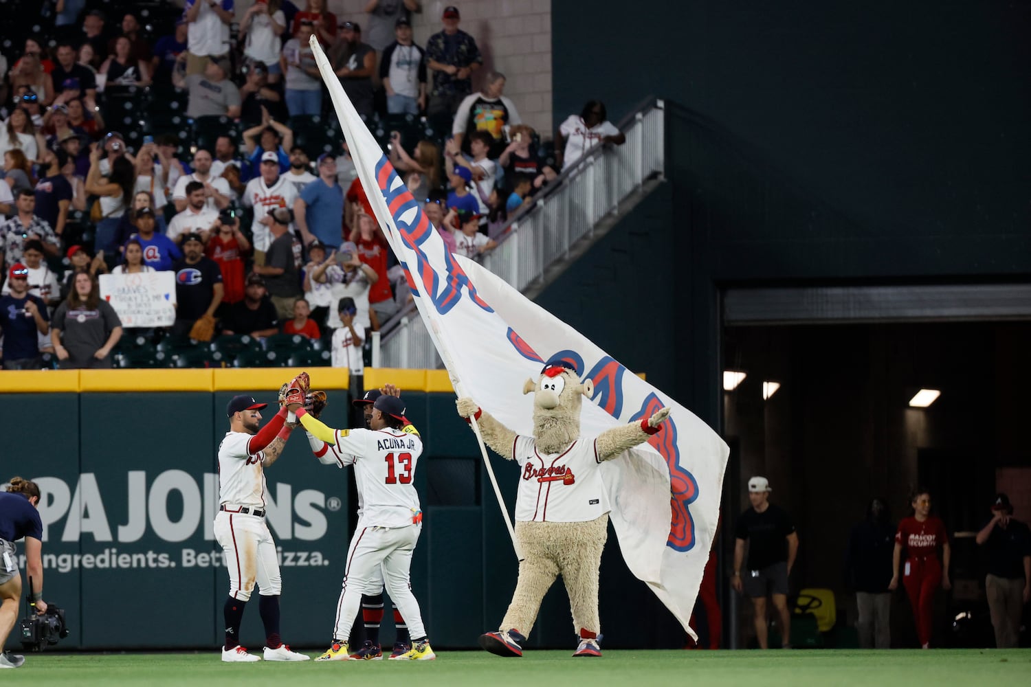 Braves outfielders Ronald Acuña Jr, Michael Harris II, and Kevin Pillar celebrate their win after defeating the Colorado Rockies 8-3 at Truist Park on Thursday, June 15, 2023. Miguel Martinez / miguel.martinezjimenez@ajc.com 