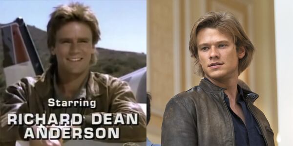 Richard Dean Anderson in the opening credits of the original "MacGyver" and the new MacGyver Lucas Till. CREDIT: ABC (left), CBS (right)