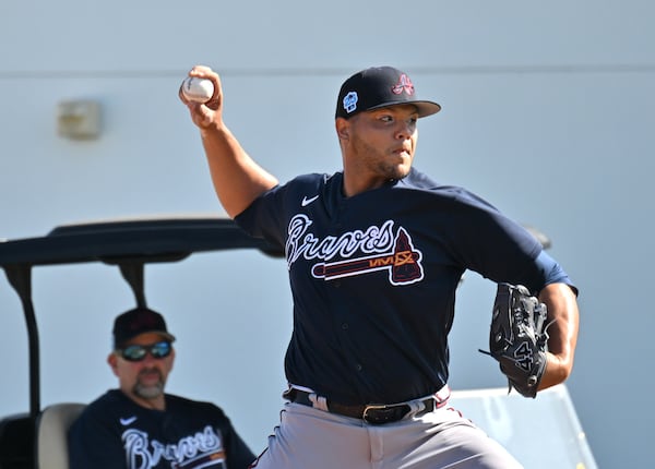 Atlanta Braves relief pitcher Joe Jimenez throws a pitch during Braves spring training at CoolToday Park, Friday, Feb. 17, 2023, in North Port, Fla.. (Hyosub Shin / Hyosub.Shin@ajc.com)