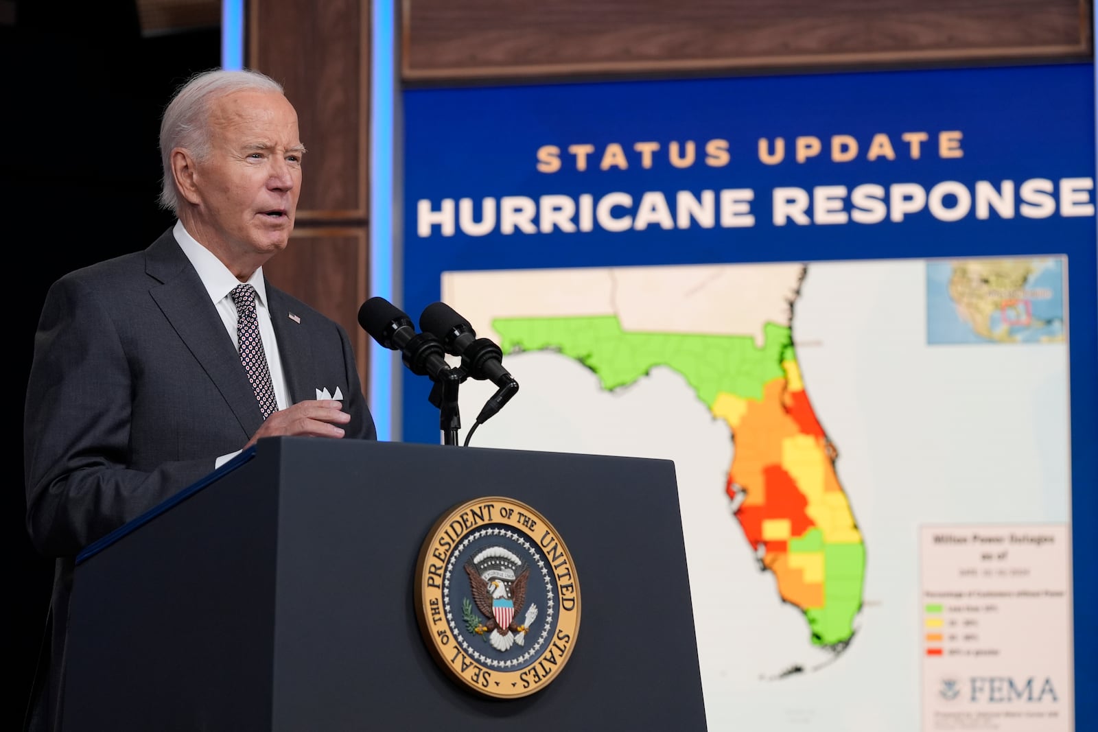 President Joe Biden speaks and gives an update on the impact and the ongoing response to Hurricane Milton, in the South Court Auditorium on the White House complex in Washington, Thursday, Oct. 10, 2024. (AP Photo/Susan Walsh)