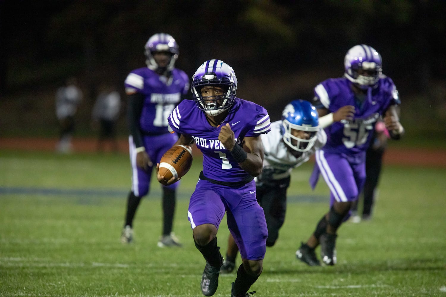 Miller Grove's Jayden Brown (1) runs the ball for a touchdown during a GHSA high school football game between Stephenson High School and Miller Grove High School at James R. Hallford Stadium in Clarkston, GA., on Friday, Oct. 8, 2021. (Photo/Jenn Finch)