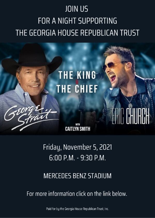 The Georgia House Republican Trust has scheduled a fundraiser at a concert featuring George Strait and Eric Church for Nov. 5, just two days into a special legislative session.