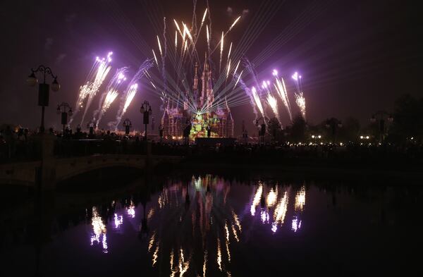 Fireworks light up the Enchanted Storybook Castle as a shining symbol of Shanghai Disneyland on May 25, 2016 in Shanghai, China.