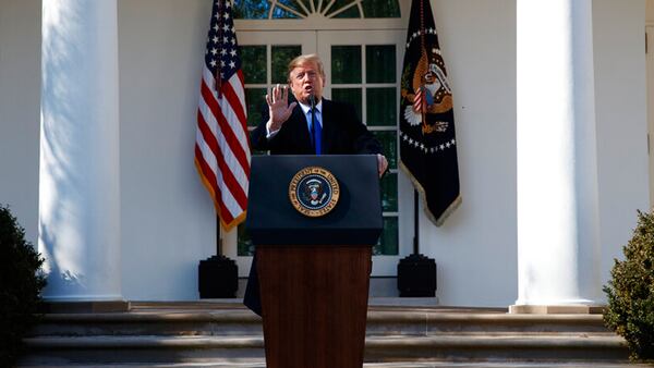 President Donald Trump speaks during an event in the Rose Garden at the White House to declare a national emergency in order to build a wall along the southern border, Friday, Feb. 15, 2019, in Washington.