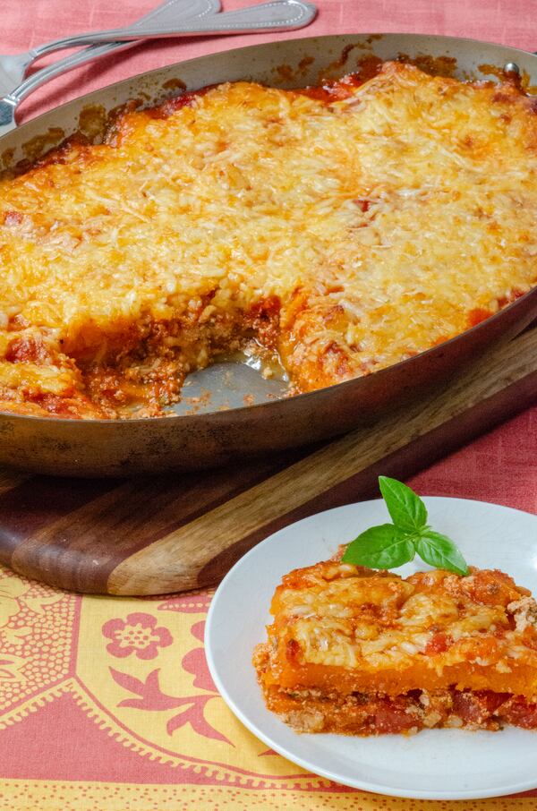 In Butternut Squash Lasagna, squash is used instead of noodles and layered with marinara, ricotta and mozzarella for the ultimate healthy comfort food dish. (Styling by Lori Horne / Virginia Willis for the AJC)