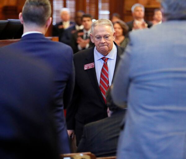 2/25/19 - Atlanta - House Speaker David Ralston leaves the well to a standing ovation after he spoke during Morning Orders  to address accusations that he has abused his authority.  Several Republican lawmakers signed onto a resolution calling for Georgia House Speaker David Ralston to resign over his use of power to delay cases of defendants accused of crimes.   Bob Andres / bandres@ajc.com