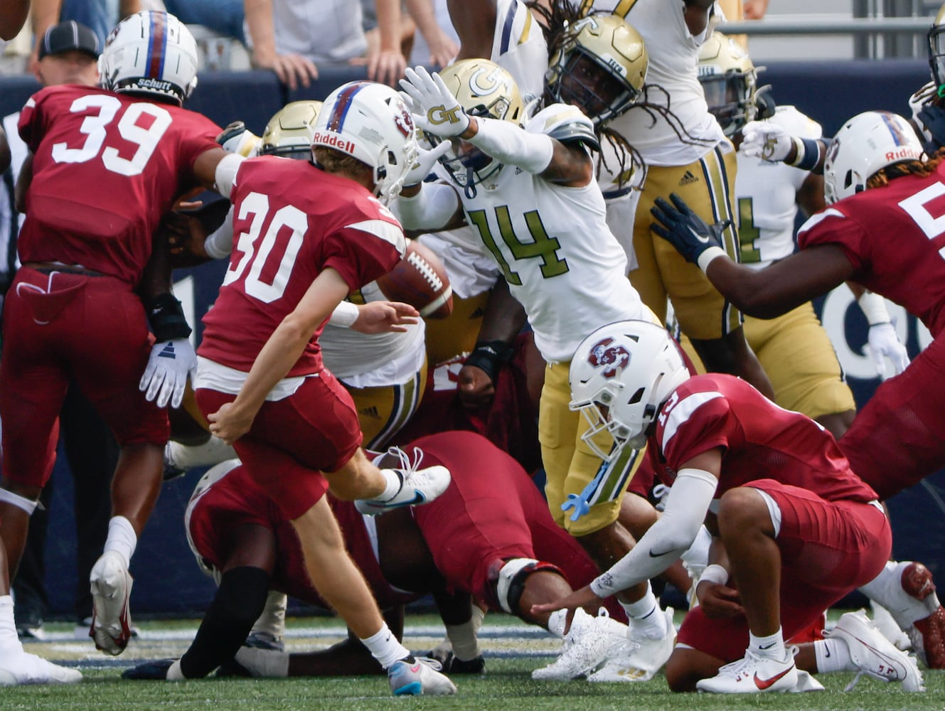 Georgia Tech Yellow Jackets defensive back Jaylon King blocks a point after touchdown attempt during the first half of a football game against South Carolina State at Bobby Dodd Stadium in Atlanta on Saturday, September 9, 2023.   (Bob Andres for the Atlanta Journal Constitution)