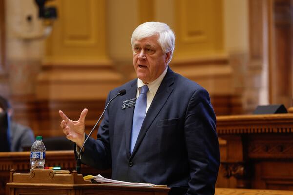 Sen. Bill Cowsert, R- Athens, speaks in favor of House Bill 1339 at the Georgia State Capitol on Thursday, March 14, 2024. The bill would would roll back regulations to build new hospitals in counties with fewer than 50,000 people.  (Natrice Miller/ Natrice.miller@ajc.com)