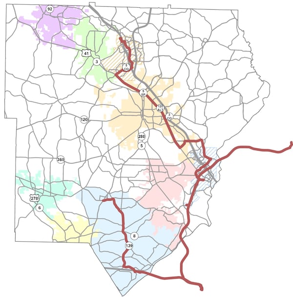 This map shows the proposed bus rapid transit routes under a 10-year M-SPLOST program. The board has not decided which plan to put before voters in 2024. Cobb County