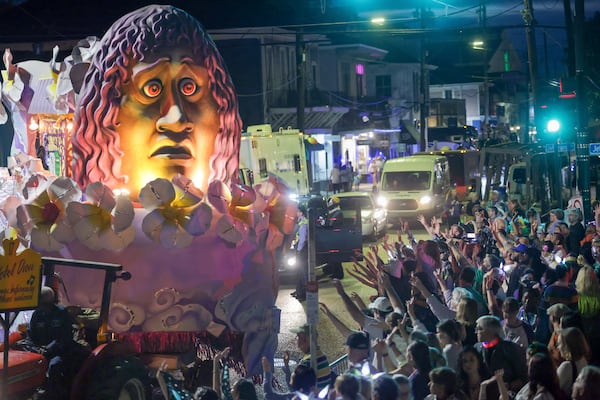 FILE - The Krewe of Hermes parade makes its way along the Uptown route with the theme "The Storyville Chronicles" in New Orleans, Feb. 9, 2024. (Brett Duke/The Times-Picayune/The New Orleans Advocate via AP)