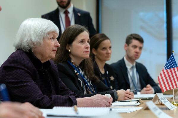 Secretary of the Treasury Janet Yellen, left, speaks with France's Finance Minister Antoine Armand, not pictured, in a bilateral meeting during the World Bank/IMF Annual Meetings in Washington, Friday, Oct. 25, 2024. (AP Photo/Jose Luis Magana)