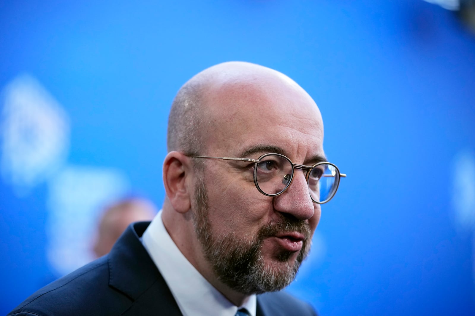 European Council President Charles Michel speaks with the media as he arrives for the European Political Community (EPC) Summit at the Puskas Arena in Budapest, Hungary, Thursday, Nov. 7, 2024. (AP Photo/Petr Josek)