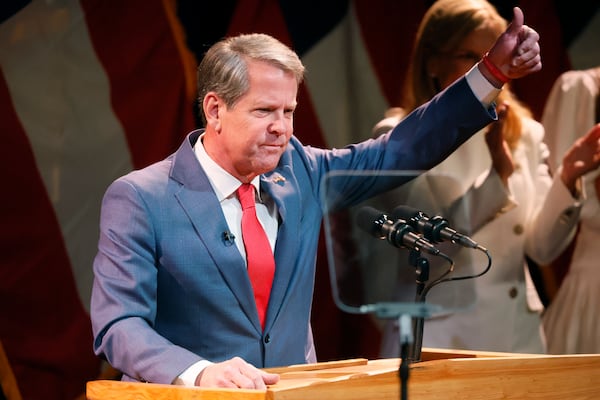 Gov. Brian Kemp speaks to supporters in Atlanta after being reelected Nov. 8, 2022, in Atlanta. His campaign has released a two-page memo that explains how he won. (Jason Getz/AJC)