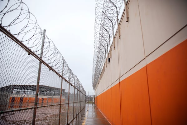 Barbed wire lines a recreation area at the Stewart Detention Center on Friday, Nov. 15, 2019, in Lumpkin, Ga. (David Goldman/AP)