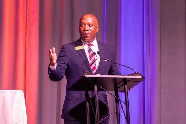 Gwinnett County Public Schools Superintendent Calvin Watts speaks to the crowd at the Gwinnett County new teacher orientation in Duluth on Tuesday, July 11, 2023. (Katelyn Myrick/katelyn.myrick@ajc.com)