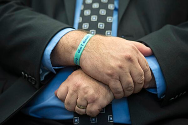 Tony Montalto, whose 14-year-old daughter Gina was killed in the Parkland school mass shooting and who is president of "Stand with Parkland," wears a bracelet with Gina's name during the announcement of the release of the Secret Service National Threat Assessment Center's Protecting America's Schools report Thursday in Washington.