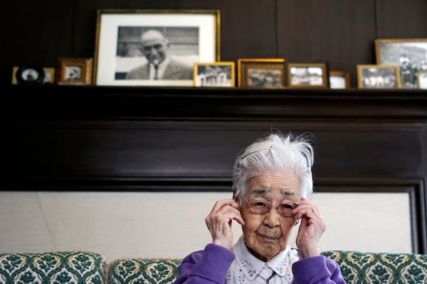 Reiko Muto, 97-year-old, former nurse student speaks on her experience with The Associated Press on Feb. 18, 2025, at St Luke's International Hospital in Tokyo. (AP Photo/Eugene Hoshiko)