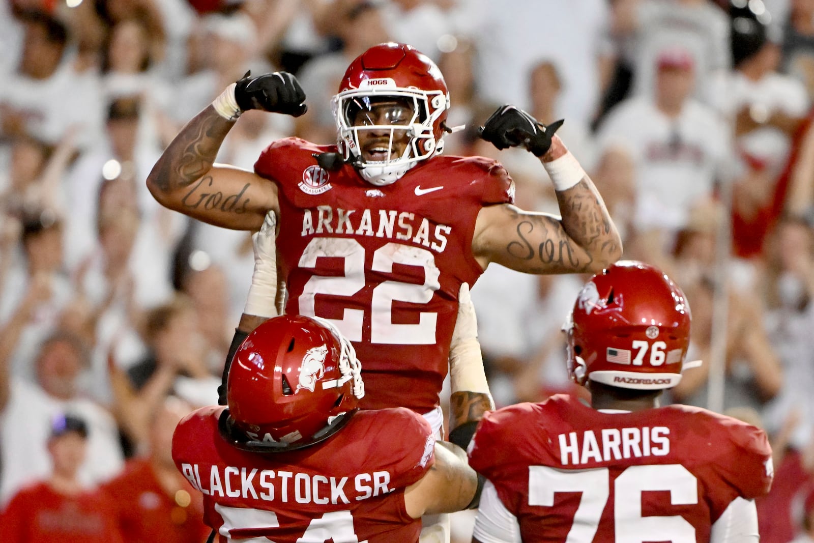 Arkansas running back Ja'Quinden Jackson (22) celebrates after scoring a touchdown against Tennessee during the second half of an NCAA college football game Saturday, Oct. 5, 2024, in Fayetteville, Ark. (AP Photo/Michael Woods)