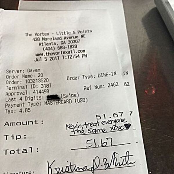 “Treat everyone the same” Kristina White wrote on the check she received at the Vortex, instead of offering a tip for what she considered bad service. Photo: courtesy Black Lives Matter of Greater Atlanta