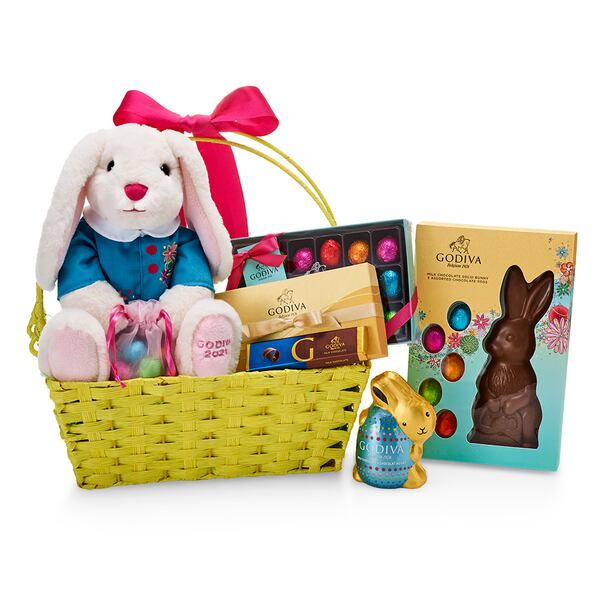 Enjoy an Easter basket filled with all things chocolate plus a plush bunny.
Courtesy of Godiva