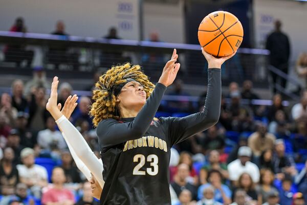 Brookwood’s Jade Weathersby shoots during the second half of a GHSA semi-final basketball game Saturday, March 4, 2023 in Atlanta. (Daniel Varnado / For the AJC)