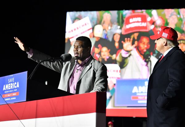 In this photo from March 26, 2022, Herschel Walker campaigns for U.S. Senate as former President Donald Trump looks on. Walker lost Tuesday's runoff election despite Trump's endorsement. (Hyosub Shin/The Atlanta Journal-Constitution/TNS)