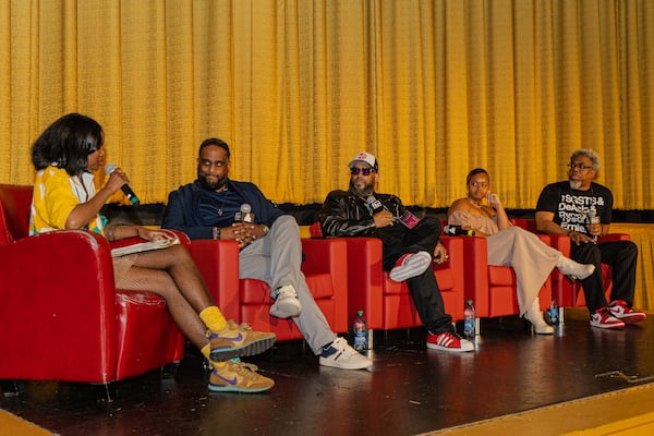 Astin Rocks with filmmakers Tyson Horne, Ryon Horne, DeAsia Paige, and Ernie Suggs at the Plaza Theatre in Atlanta, GA for the screening of “The South Got Something to Say” on Wednesday, May 1, 2024 (Kymani Culmer for The Atlanta Journal-Constitution)