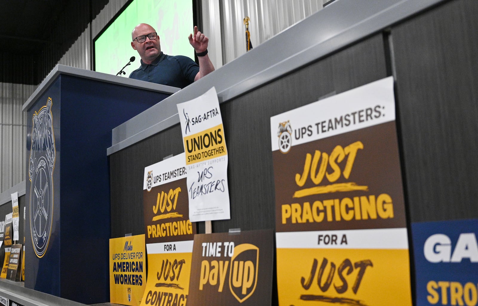 Teamsters General President Sean O’Brien speaks during a rally just days before high-stakes contract talks with UPS are set to resume, at Teamsters Local 728, Saturday, July 22, 2023, in Atlanta. The head of the International Brotherhood of Teamsters revved up the union’s membership in Atlanta on Saturday at a rally just days before high-stakes contract talks with UPS are set to resume. (Hyosub Shin / Hyosub.Shin@ajc.com)