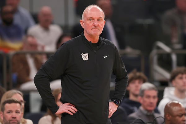 Butler head coach Thad Matta stands on the court during the first half of an NCAA college basketball game against St. John's in the quarterfinals of the Big East Conference tournament, Thursday, March 13, 2025, in New York. (AP Photo/Pamela Smith)