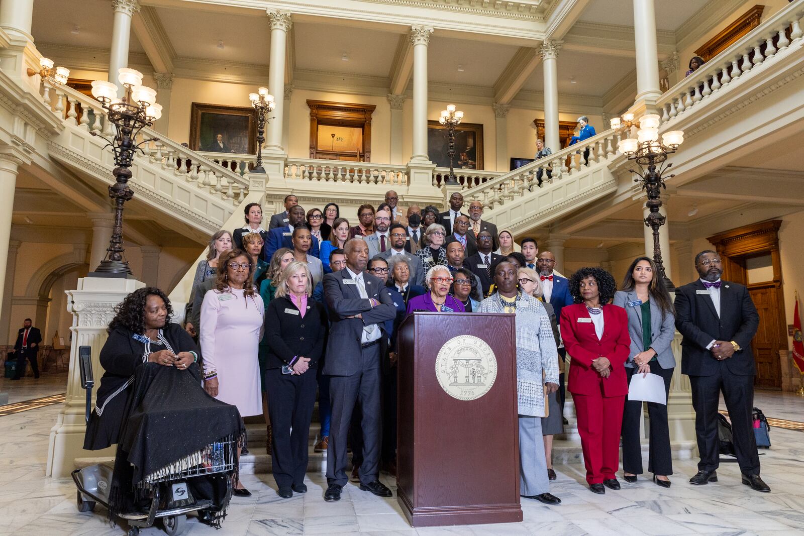 Democrats responded to Gov. Brian Kemp's State of the State address on Thursday, when he took jabs at President Joe Biden, by saying the green energy jobs and overflowing state coffers that he touted were thanks to the far-reaching federal stimulus and climate change packages that the president passed over GOP objections. (Arvin Temkar/arvin.temkar@ajc.com)