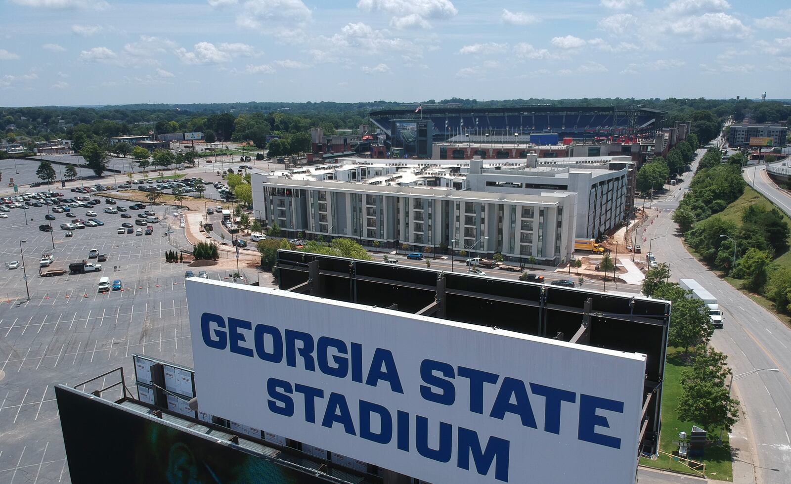 Aerial photography shows constructions around Georgia State Stadium on Wednesday, August 14, 2019. A development company is building a dorm, pictured here, near the university’s stadium. 