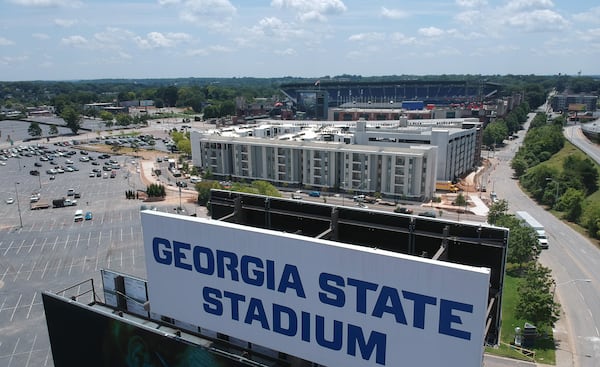  Aerial photography shows constructions around Georgia State Stadium on Wednesday, August 14, 2019. 