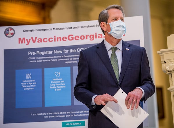 Gov. Brian Kemp announces expanded vaccine sites across Georgia on Wednesday.  (Jenni Girtman for The Atlanta Journal-Constitution)