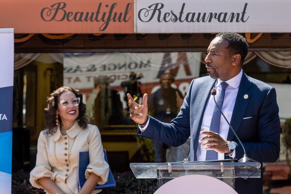 Mayor Andre Dickens announced $8.2 million in grant awards to Atlanta small businesses and nonprofits. as Dr. Eloisa Klementich, President and CEO of Invest Atlanta, looks on at the Beautiful Restaurant in Atlanta Tuesday, August 30, 2022. Steve Schaefer/steve.schaefer@ajc.com)