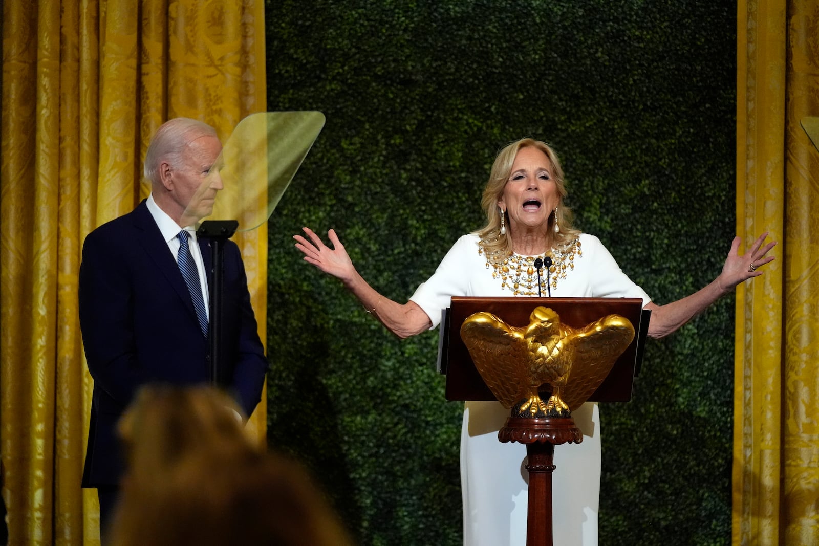 President Joe Biden and first lady Jill Biden speak at a dinner Sunday, Oct. 20, 2024, in the East Room of the White House, celebrating the new enhanced and expanded White House Public tour being unveiled by first lady Jill Biden on Oct. 21, 2024. (AP Photo/Manuel Balce Ceneta)