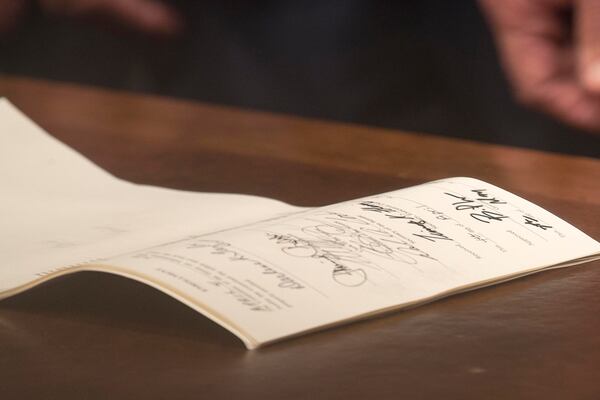 05/07/2019  -- Atlanta, Georgia -- The signed "heartbeat bill", HB 481, is displayed on Gov. Brian Kemp's desk following a press conference in his office at the Georgia State Capitol building  in Atlanta, Tuesday, May 7, 2019.  (ALYSSA POINTER/ALYSSA.POINTER@AJC.COM)