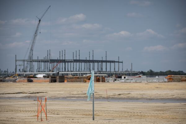 A blue marker designates the corner of a building at the Hyundai Metaplant site, Monday, June 5, 2023, in Ellabell, Ga. (Stephen B. Morton for The Atlanta Journal-Constitution)