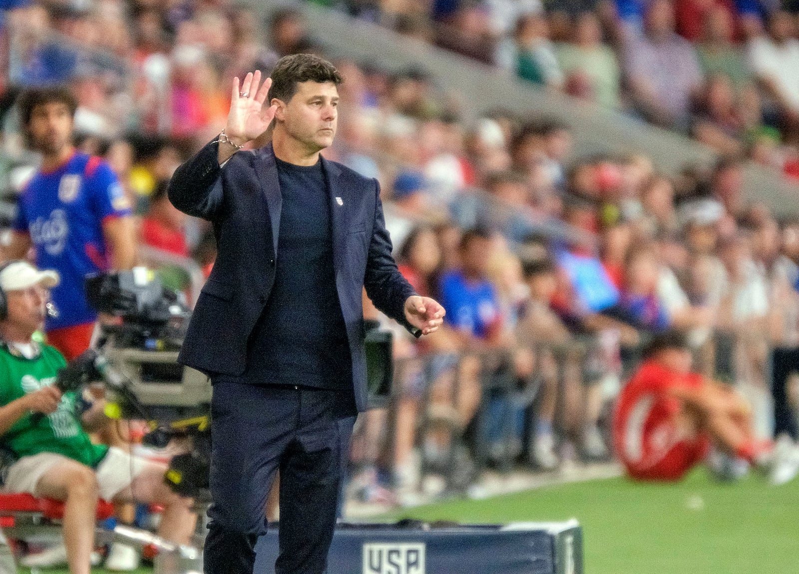 United States head coach Mauricio Pochettino reacts during the second half of an international friendly soccer match against Panama, Saturday, Oct. 12, 2024, in Austin, Texas. (AP Photo/Rodolfo Gonzalez)