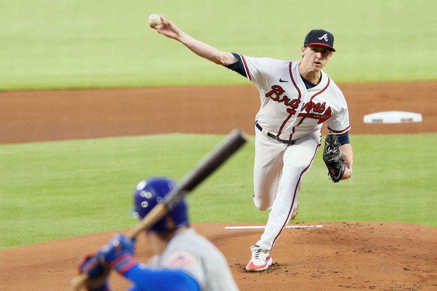 Braves starting pitcher Kyle Wright (30) delivers to a New York Mets batter in the first inning of a baseball game on Saturday, Oct. 1, 2022. Miguel Martinez / miguel.martinezjimenez@ajc.com
 