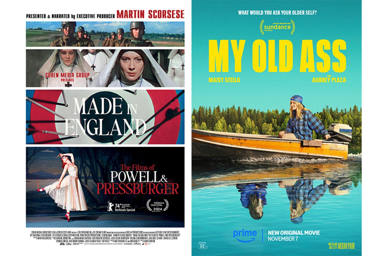 This combination of images shows promotional art for "Made in England: The Films of Powell and Pressburger," left, and "My Old Ass" (Cohen Media Group/Amazon Studios via AP)