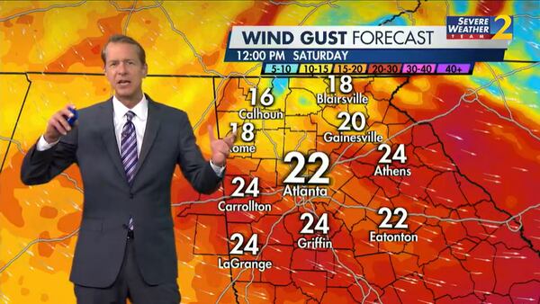 Channel 2 Action News meteorologist Brad Nitz expects wind gusts between 20 and 25 mph to blow through metro Atlanta all day Saturday.