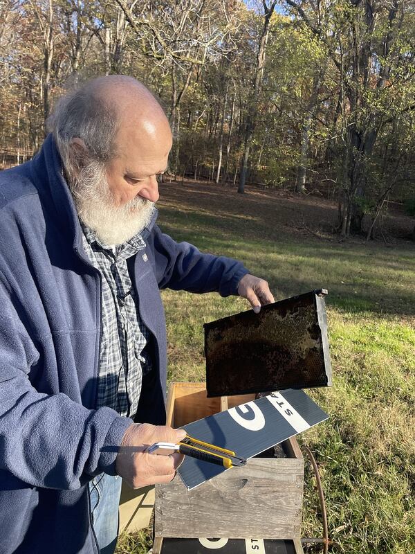 Chip Kelly, president of the Tennessee Valley Beekeepers Association, demonstrates how to winterize a bee hive using a campaign sign at Chester Frost Park on Nov. 22, 2024. (Courtesy of Sarah Dolgin)