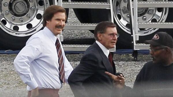 Will Ferrell, left, and Harrison Ford on the Atlanta set of "Anchorman 2." Photo: ABC