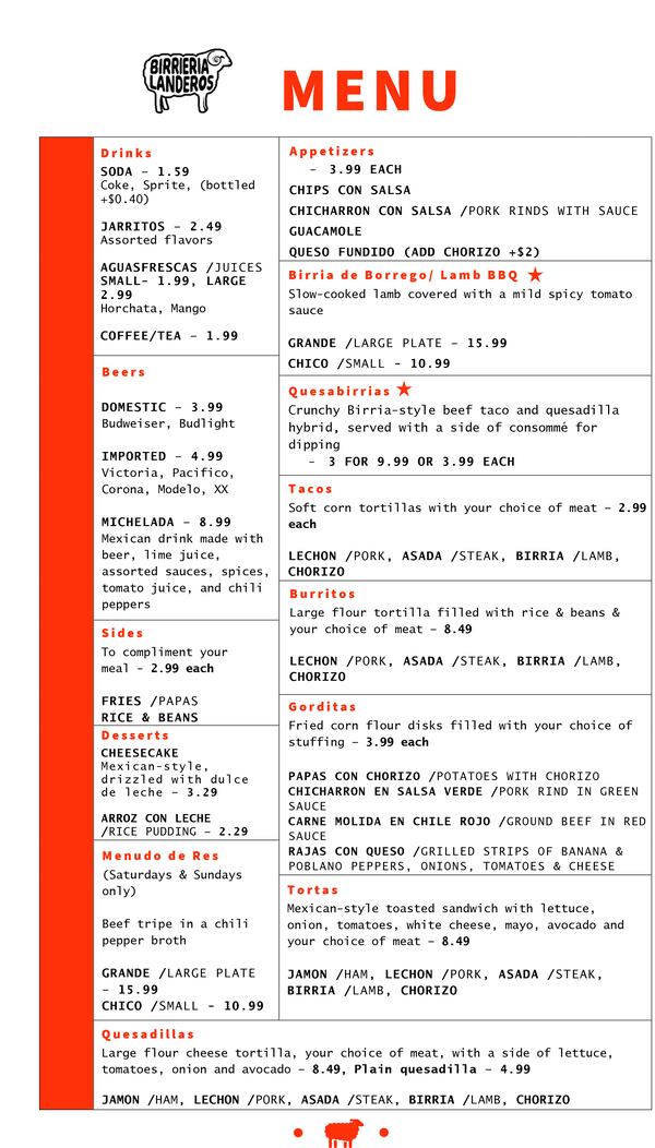 Birrieria Landeros menu.