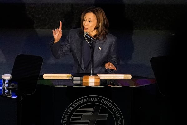 Democratic presidential nominee Vice President Kamala Harris speaks during a church service at Greater Emmanuel Institutional Church of God in Christ, Sunday, Nov. 3, 2024, in Detroit. (AP Photo/Jacquelyn Martin)