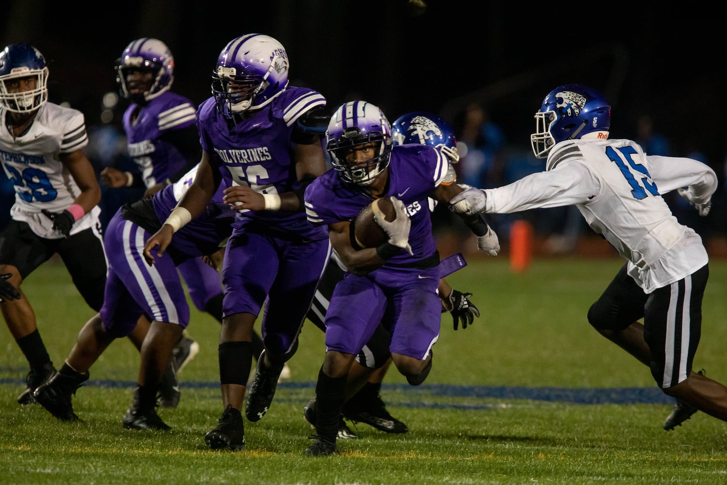 Miller Grove's Jayden Brown (1) carries the ball during a GHSA high school football game between Stephenson High School and Miller Grove High School at James R. Hallford Stadium in Clarkston, GA., on Friday, Oct. 8, 2021. (Photo/Jenn Finch)