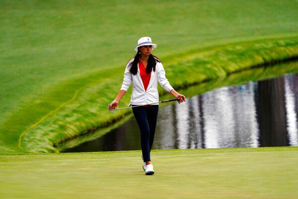 Anna Davis walks down the 16th hole during the final round of the Augusta National Women's Amateur golf tournament, Saturday, April 2, 2022, in Augusta, Ga. (AP Photo/Matt Slocum)