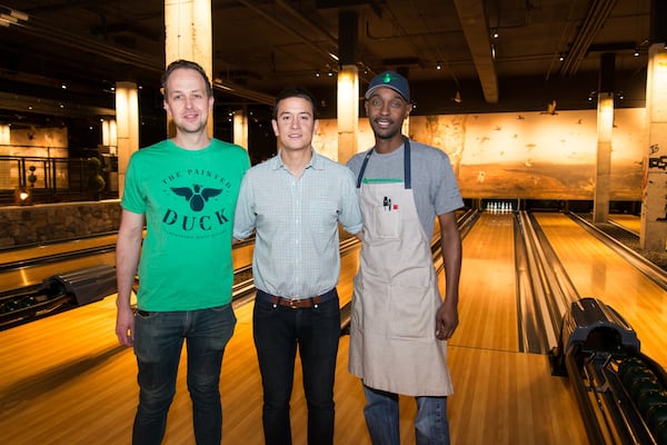  The Painted Duck team (from left to right) Bar Manager Trip Sandifer, Founder and President of Painted Hospitality Justin Amick, and Executive Chef Thomas Collins. Photo credit- Mia Yakel.