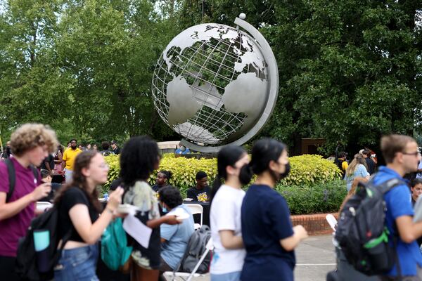 081522 Marietta, Ga.: Lincoln Stone created the massive globe located on the Kennesaw State University Marietta campus. It was made to mark the 1996 Olympic Games in Atlanta. (Jason Getz / Jason.Getz@ajc.com)