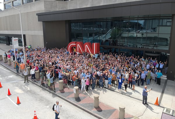 A drone shot of the CNN alumni photo around the CNN logo on Centennial Olympic Park Drive June 1, 2023 as part of a farewell celebration to CNN Center and its legacy. MATT SLOANE